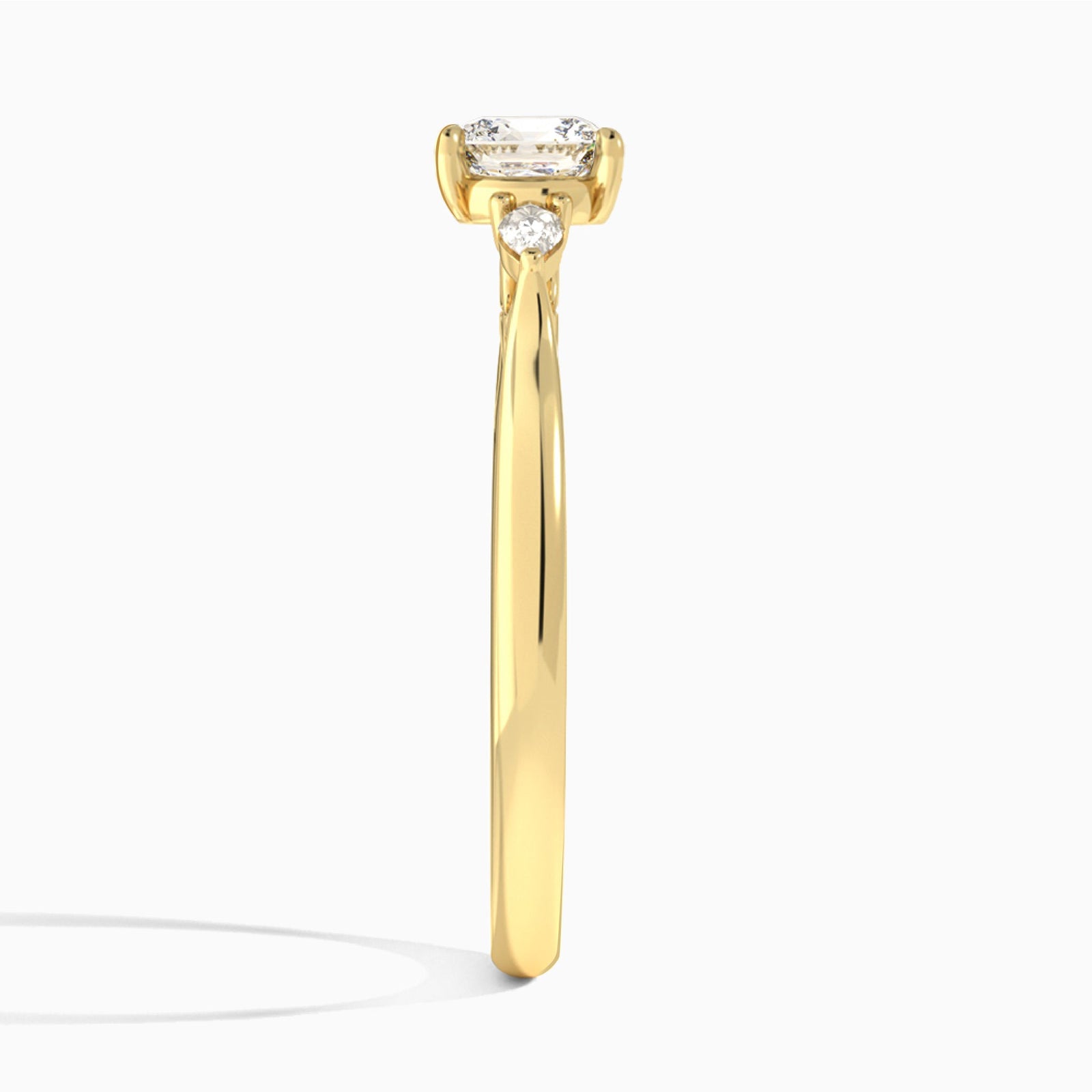 Cushion Perfect Fit Three Stone Lab Diamond Engagement Ring In 14K Yellow Gold, Side View