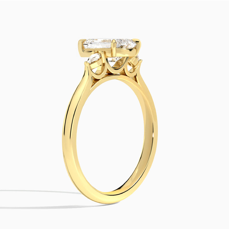 Emerald Perfect Fit Three Stone Lab Diamond Engagement Ring In 14K Yellow Gold, Angle View