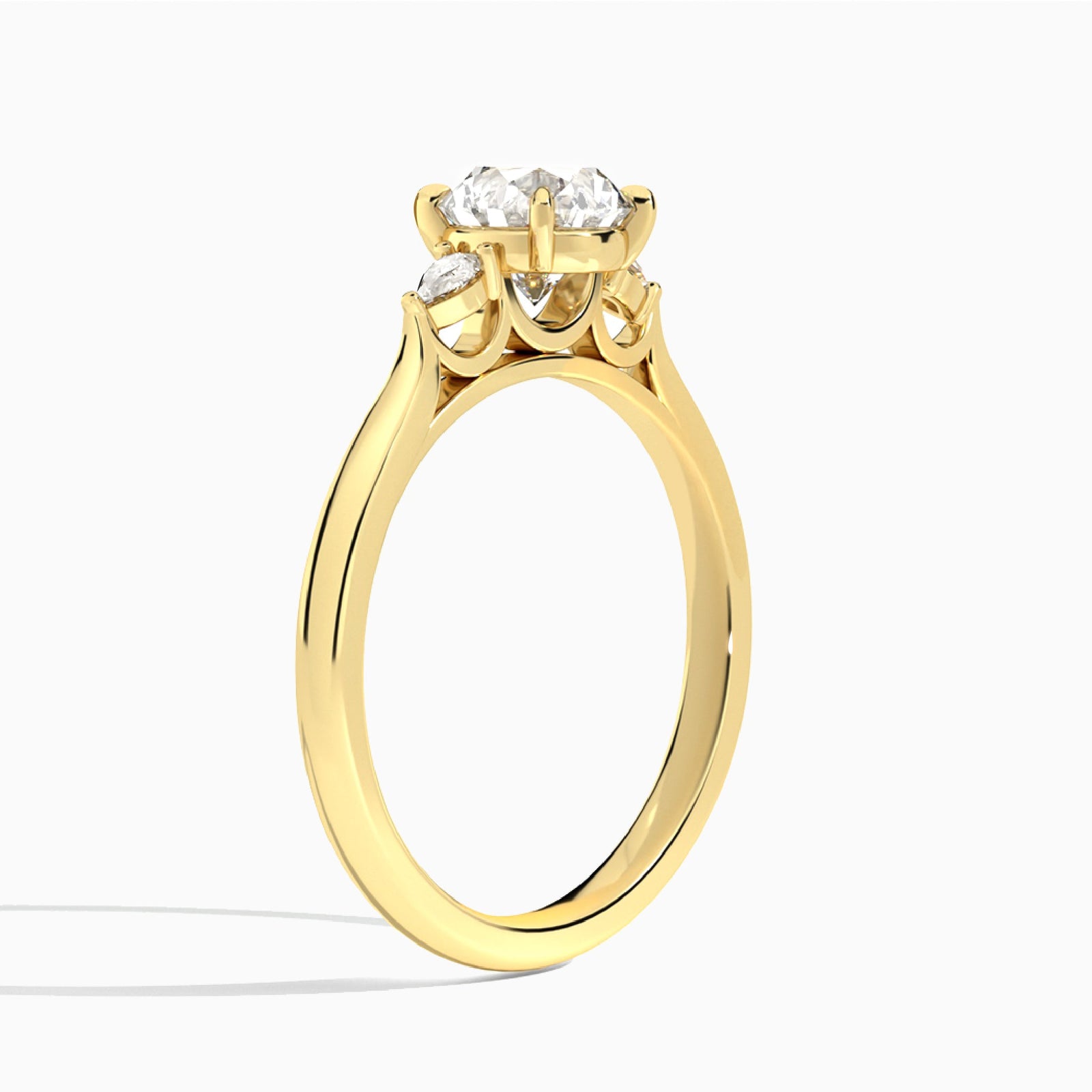 Round Perfect Fit Three Stone Lab Diamond Engagement Ring In 18K Yellow Gold, Angle View