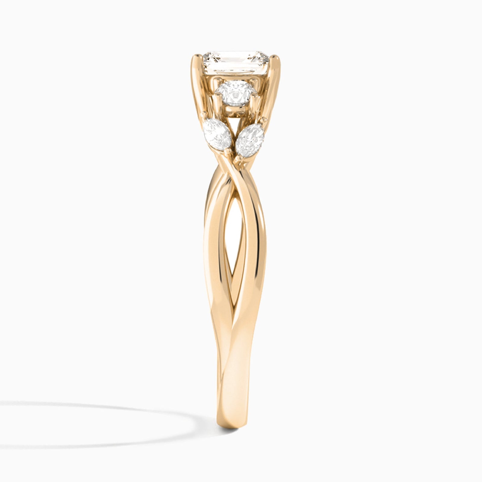 Asscher Willow Three Stone Lab Diamond Engagement Ring In 14K Rose Gold, Side View