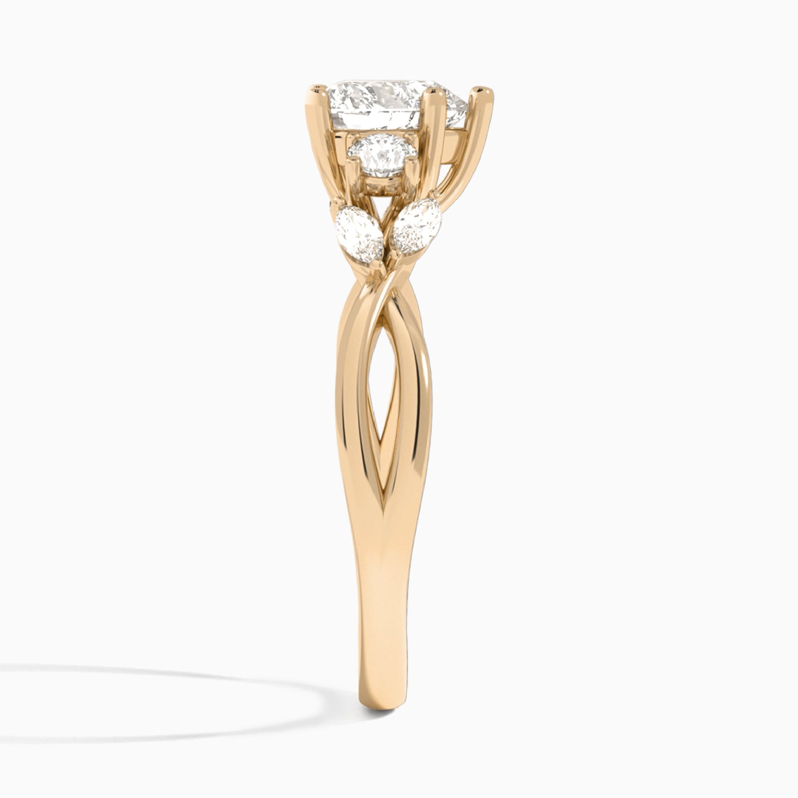 Heart Willow Three Stone Lab Diamond Engagement Ring In 14K Rose Gold, Side View