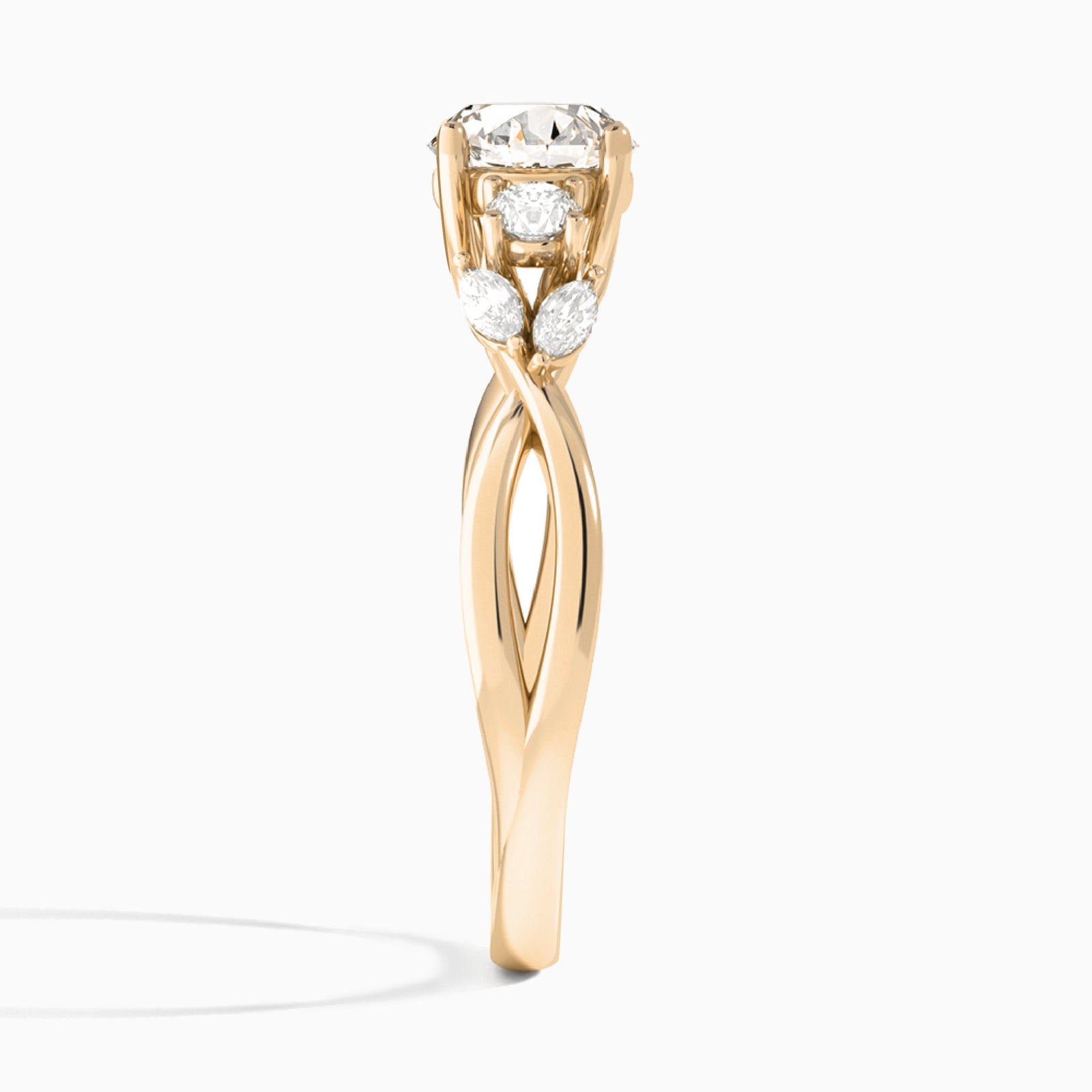 Round Willow Three Stone Lab Diamond Engagement Ring In 14K Rose Gold, Side View