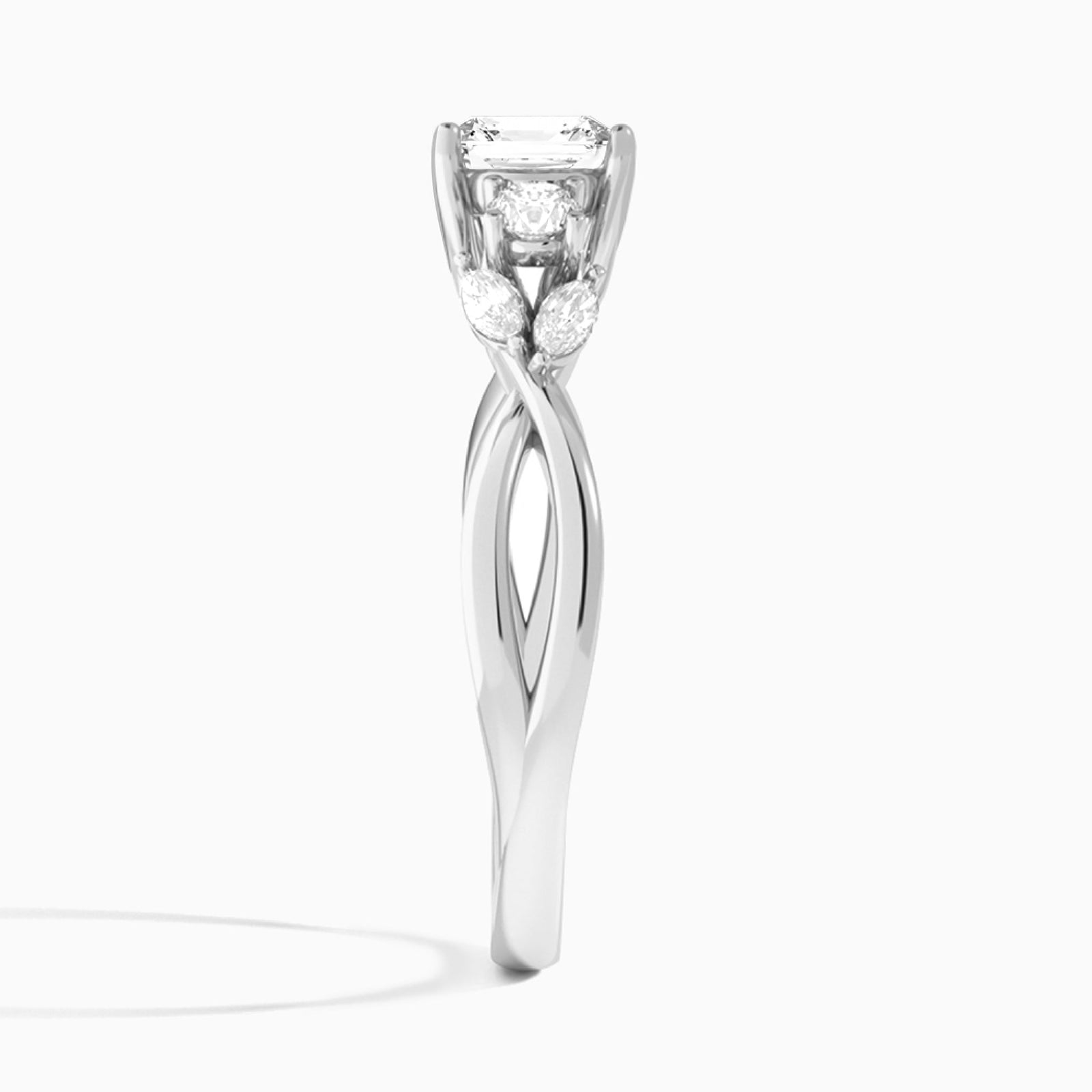 Asscher Willow Three Stone Lab Diamond Engagement Ring In 18K White Gold, Side View