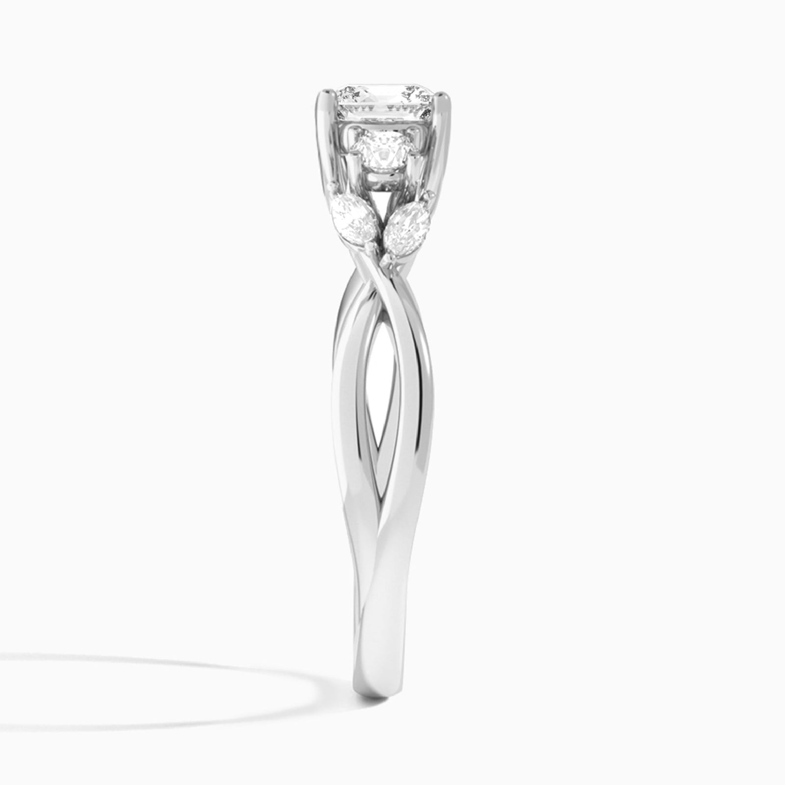 Cushion Willow Three Stone Lab Diamond Engagement Ring In 14K White Gold, Side View