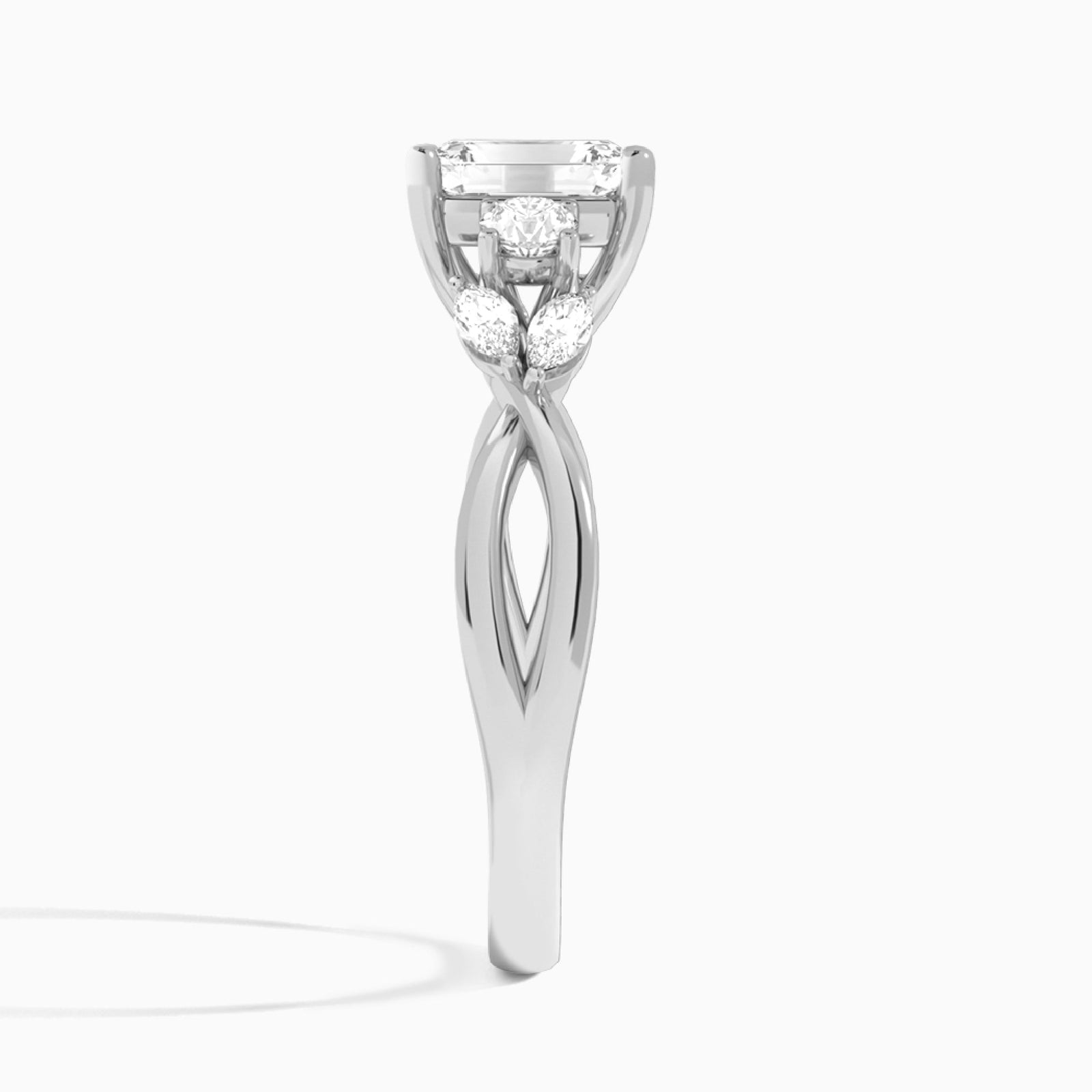 Emerald Willow Three Stone Lab Diamond Engagement Ring In 14K White Gold, Side View