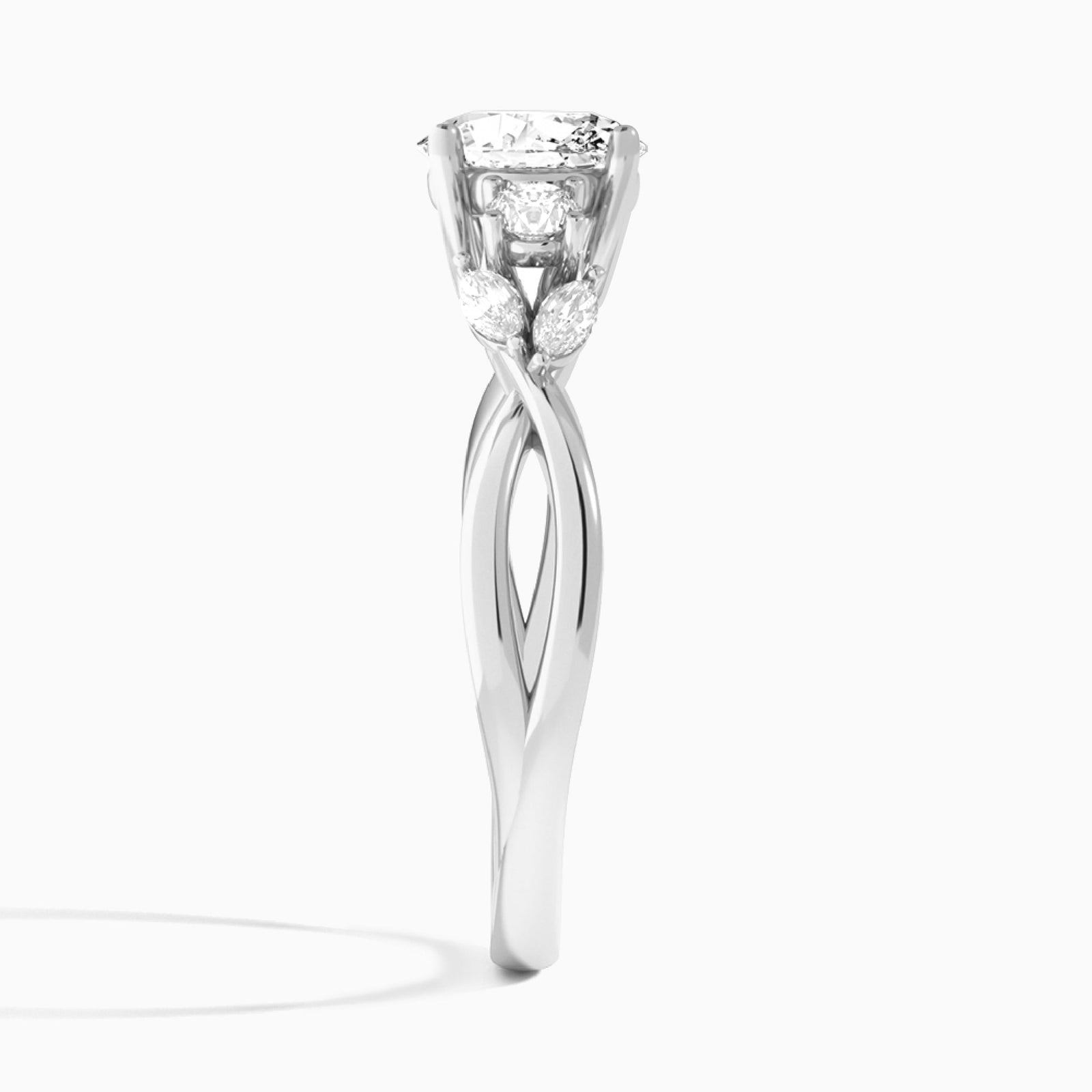 Oval Willow Three Stone Lab Diamond Engagement Ring In 18K White Gold, Side View