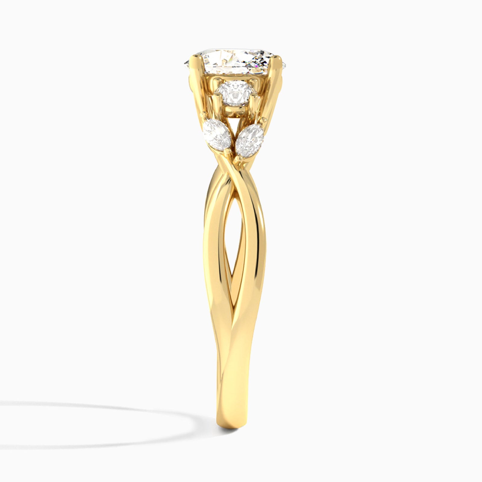 Oval Willow Three Stone Lab Diamond Engagement Ring In 18K Yellow Gold, Side View