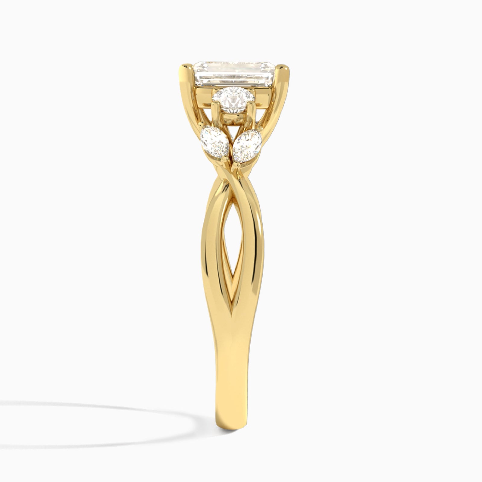 Radiant Willow Three Stone Lab Diamond Engagement Ring In 18K Yellow Gold, Side View