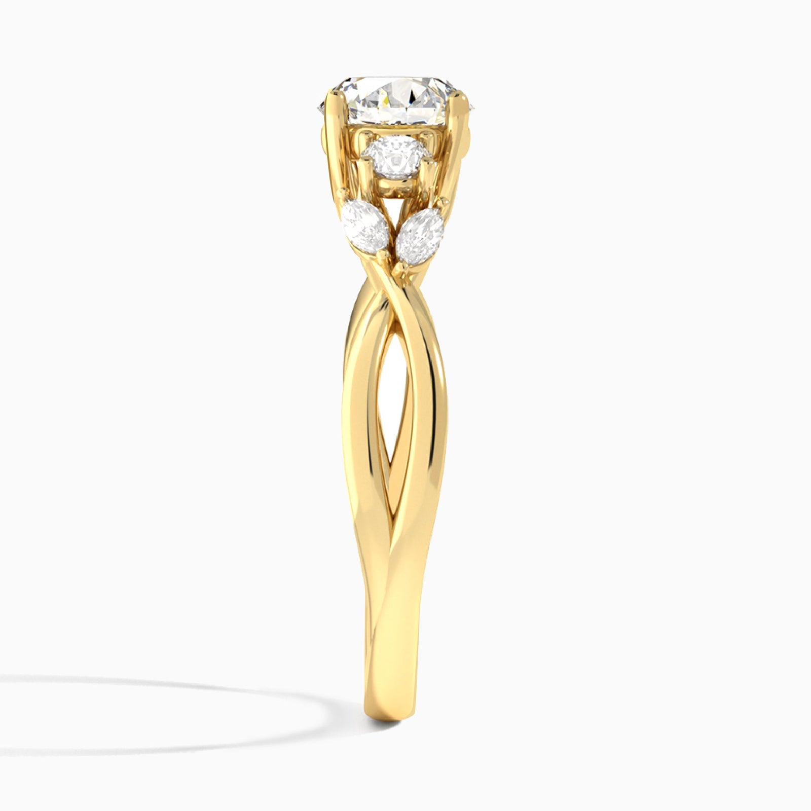 Round Willow Three Stone Lab Diamond Engagement Ring In 14K Yellow Gold, Side View