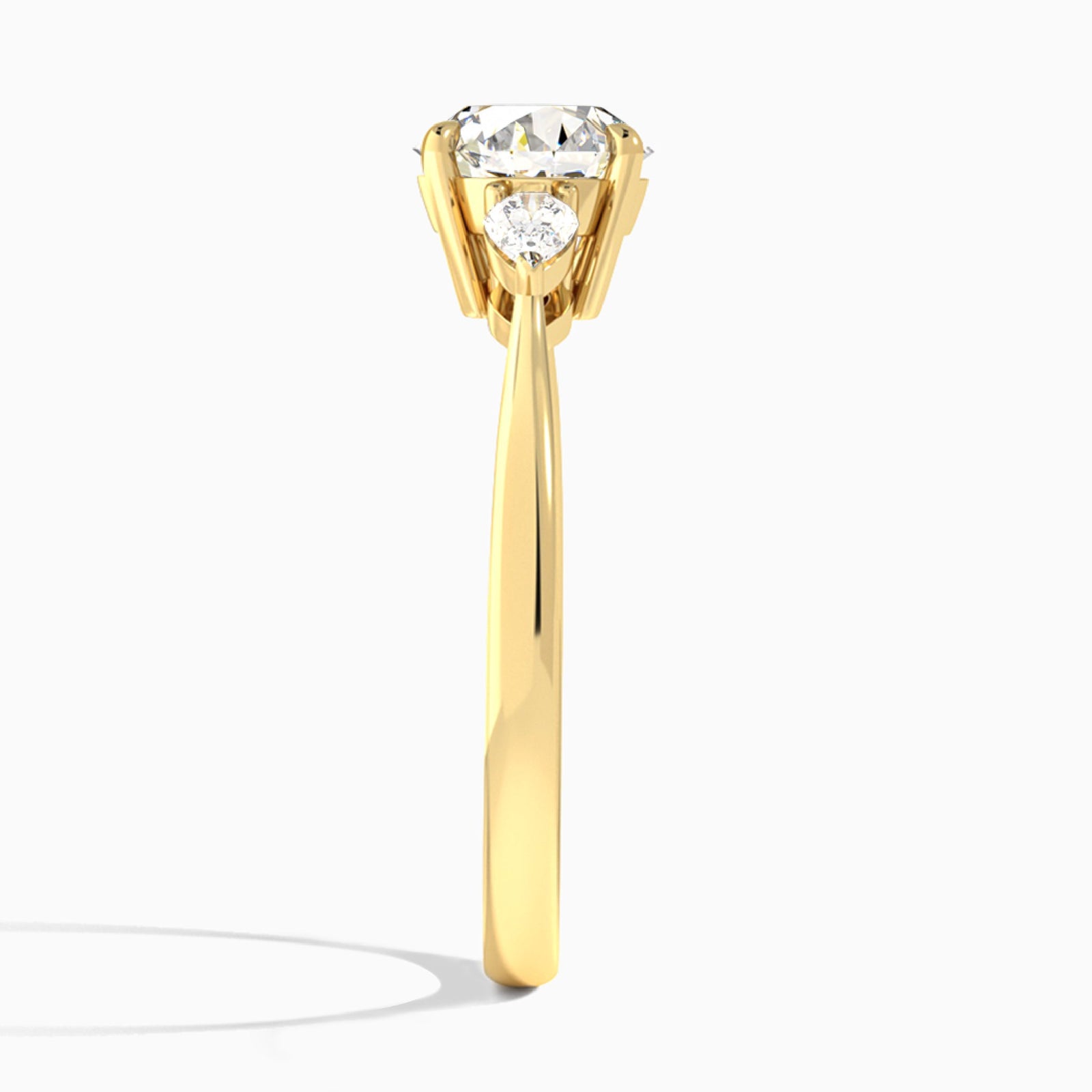 Round Petite Three Stone Lab Diamond Engagement Ring In 14K Yellow Gold, Side View