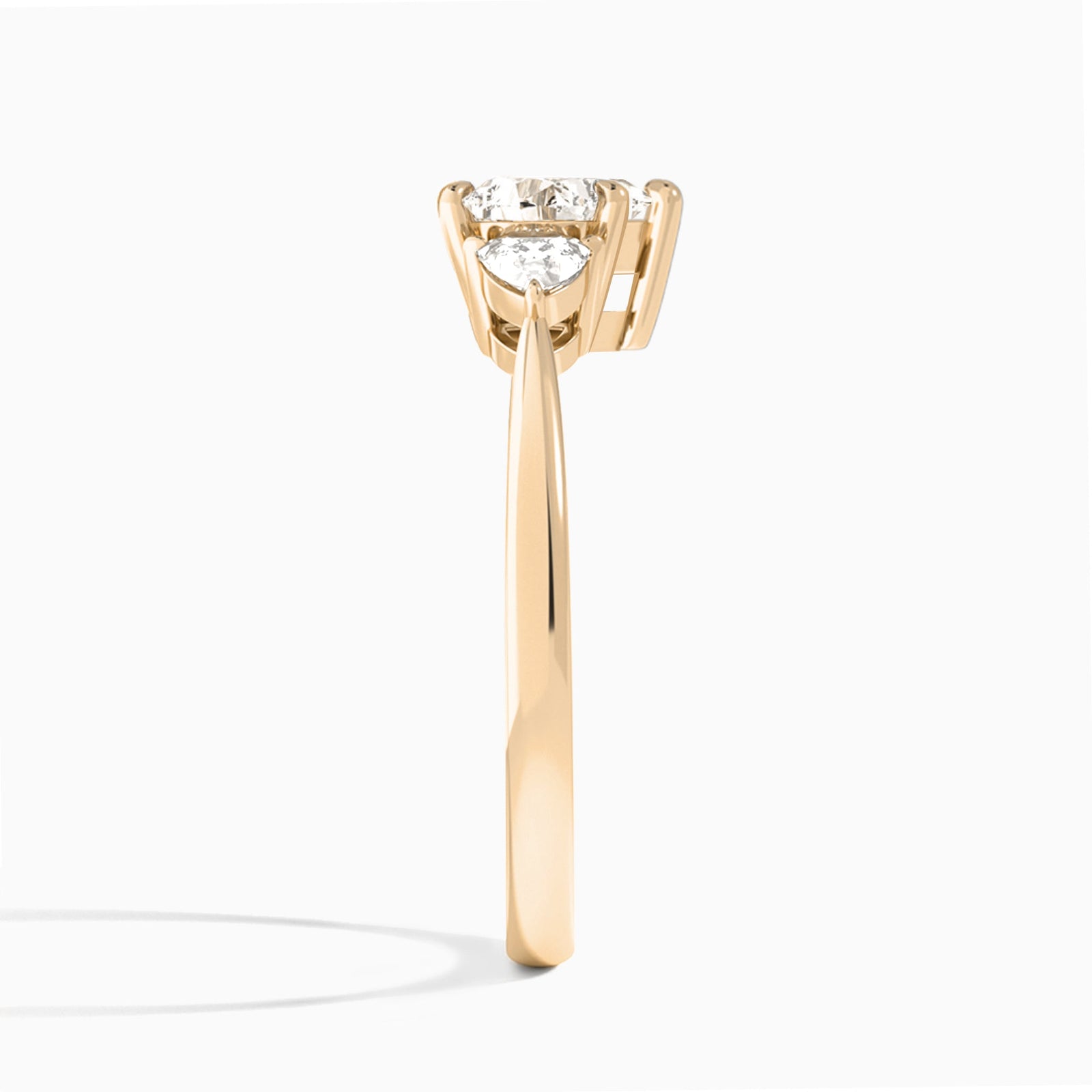 Heart Luxe Trillion Cut Three Stone Lab Diamond Engagement Ring In 14K Rose Gold, Side View