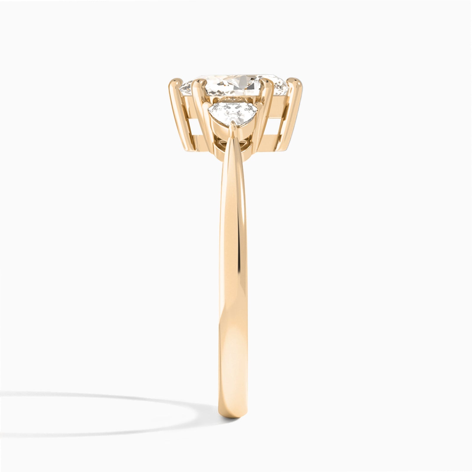 Pear Luxe Trillion Cut Three Stone Lab Diamond Engagement Ring In 14K Rose Gold, Side View