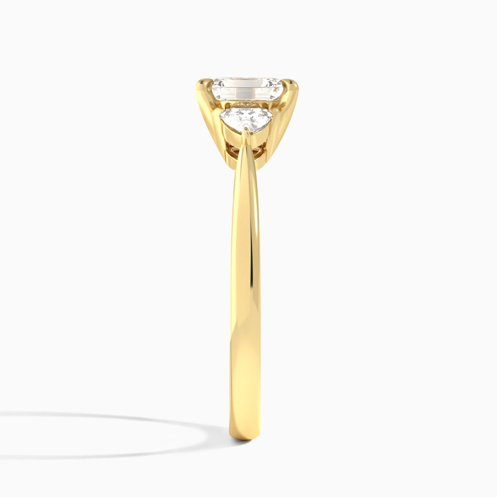 Emerald Luxe Trillion Cut Three Stone Lab Diamond Engagement Ring In 18K Yellow Gold, Side View