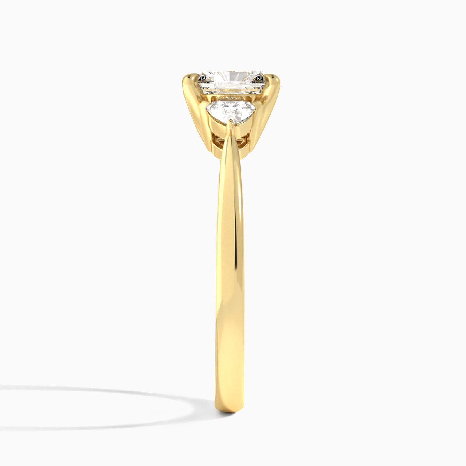 Radiant Luxe Trillion Cut Three Stone Lab Diamond Engagement Ring In 14K Yellow Gold, Side View