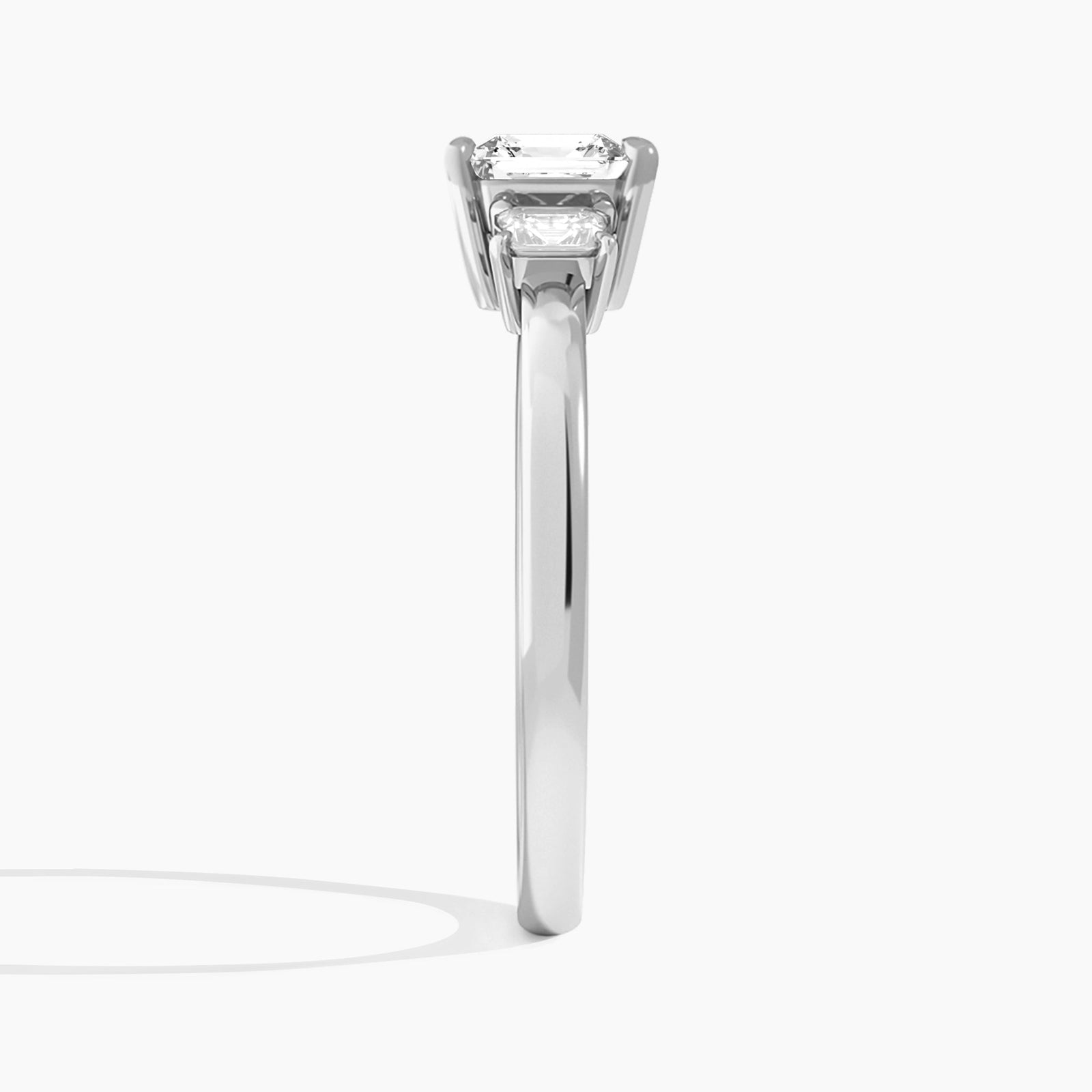 Asscher Hera Three Stone Lab Diamond Engagement Ring In 18K White Gold, Side View