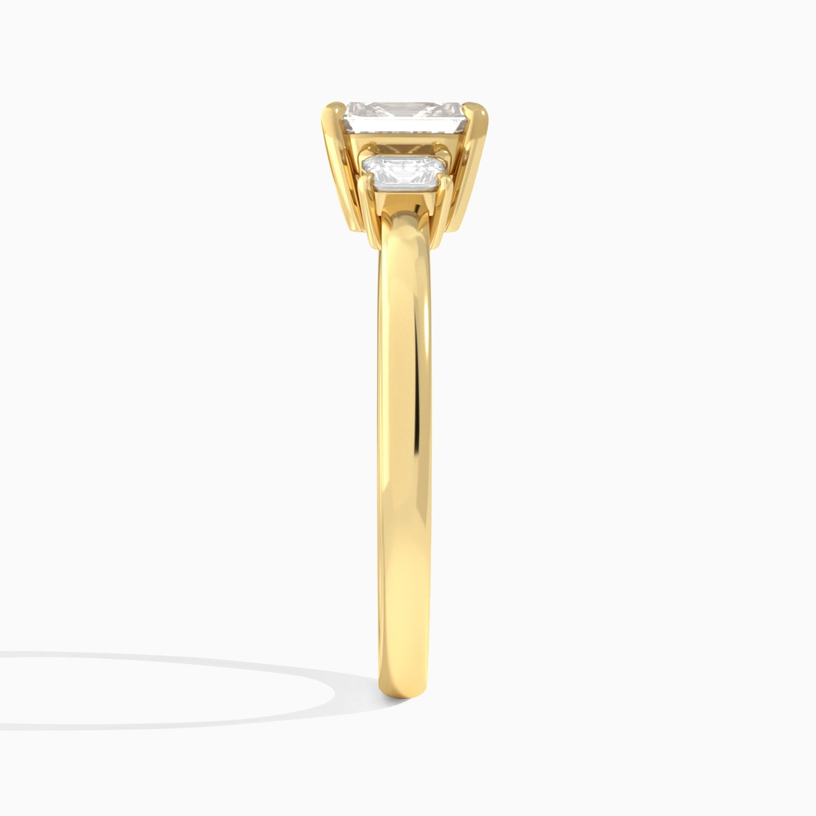 Emerald Hera Three Stone Lab Diamond Engagement Ring In 14K Yellow Gold, Side View