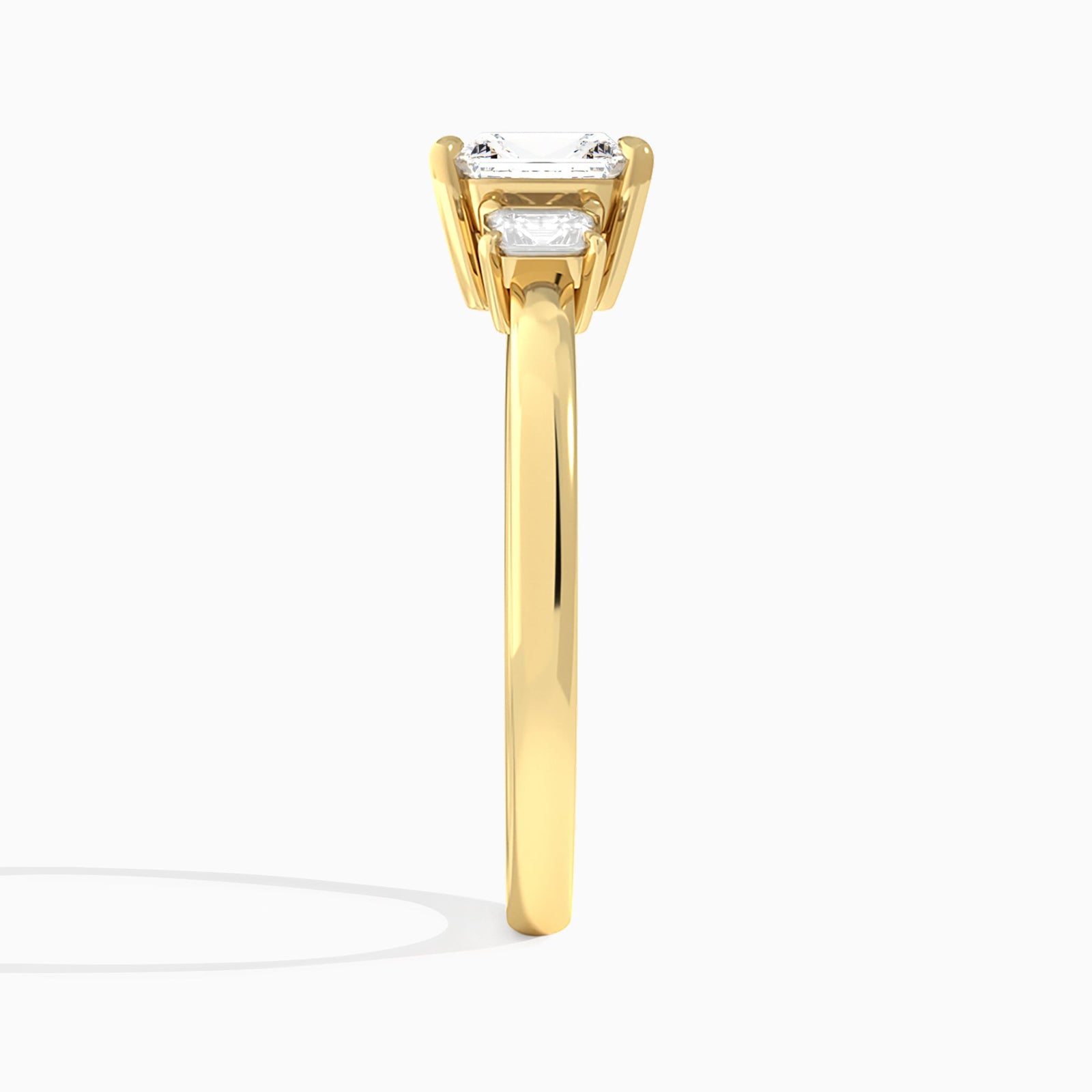 Radiant Hera Three Stone Lab Diamond Engagement Ring In 18K Yellow Gold, Side View