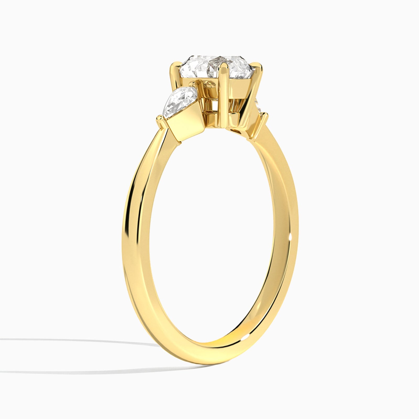 Round Luxe Ciana Three Stone Lab Diamond Engagement Ring In 18K Yellow Gold, Angle View