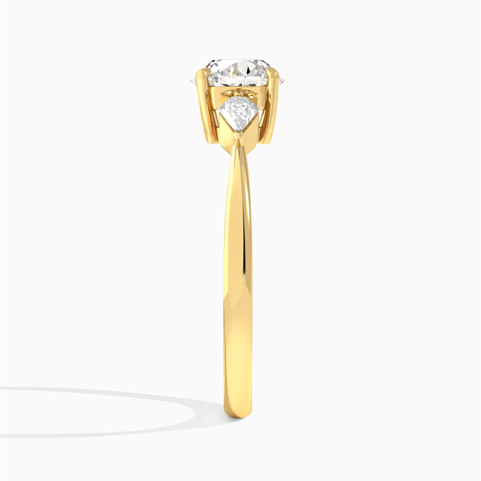 Round Luxe Ciana Three Stone Lab Diamond Engagement Ring In 18K Yellow Gold, Side View