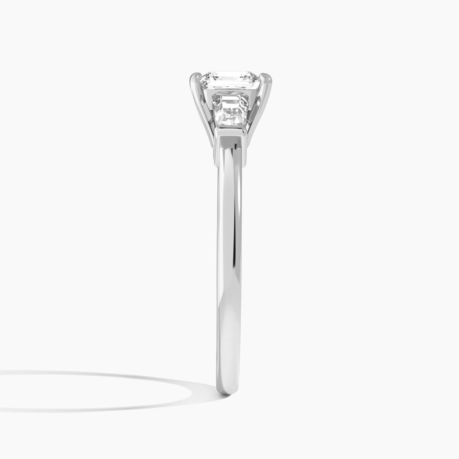 Asscher Thora Three Stone Lab Diamond Engagement Ring In 18K White Gold, Side View