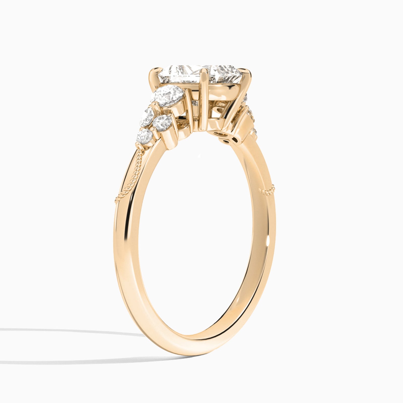Radiant Carnation Three Stone Lab Diamond Engagement Ring In 14K Rose Gold, Angle View
