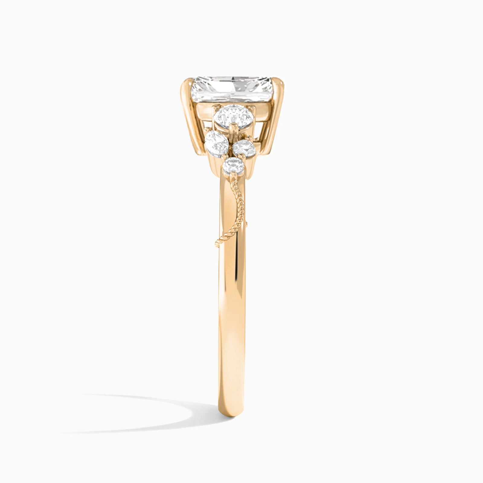 Radiant Carnation Three Stone Lab Diamond Engagement Ring In 14K Rose Gold, Side View