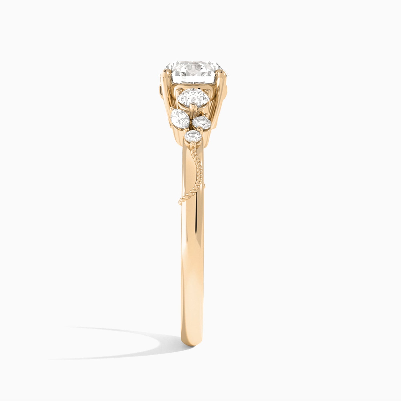 Round Carnation Three Stone Lab Diamond Engagement Ring In 14K Rose Gold, Side View