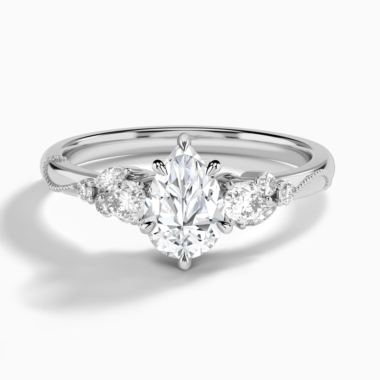 Pear Carnation Three Stone Lab Diamond Engagement Ring In 14K White Gold - Lucenjuri