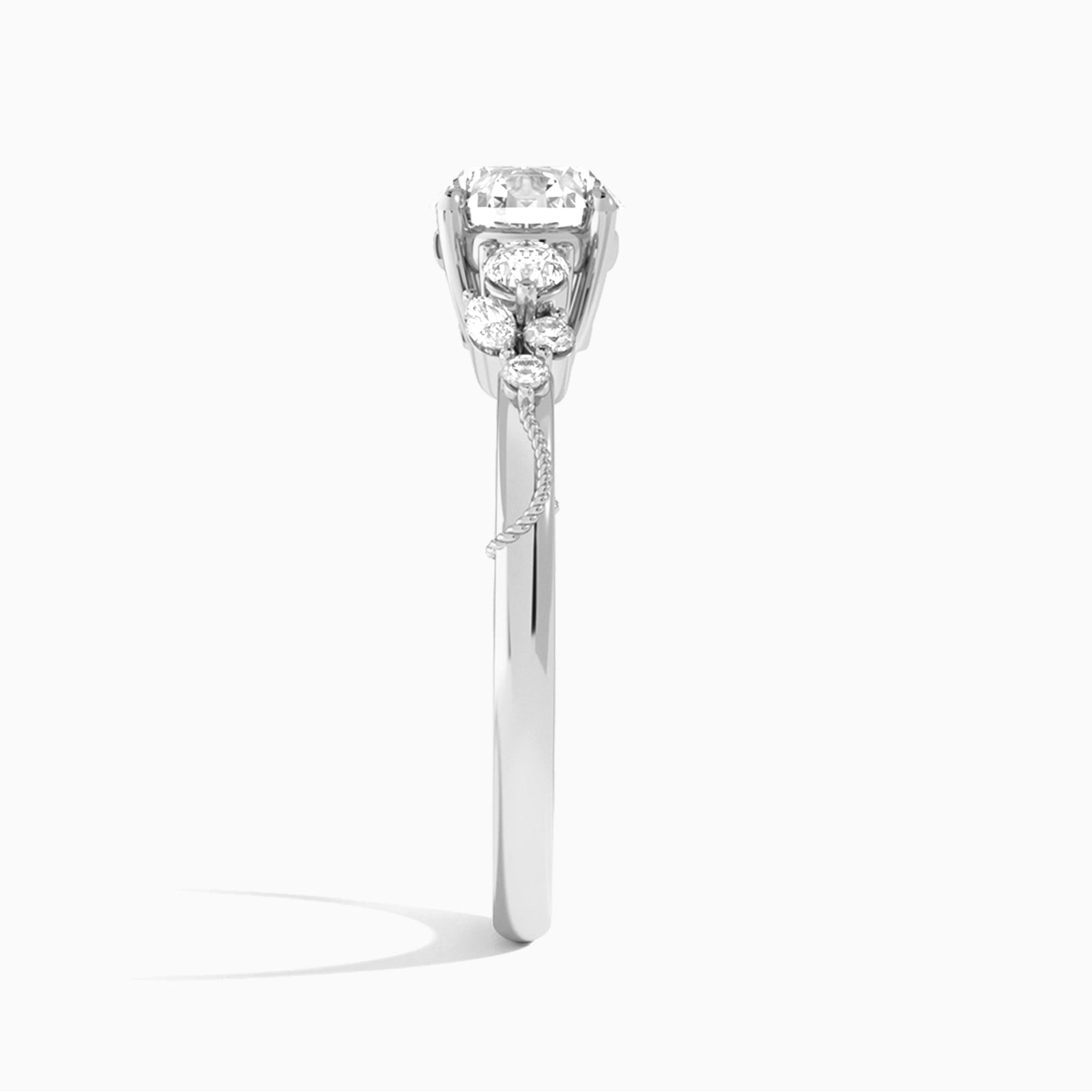 Round Carnation Three Stone Lab Diamond Engagement Ring In 18K White Gold, Side View