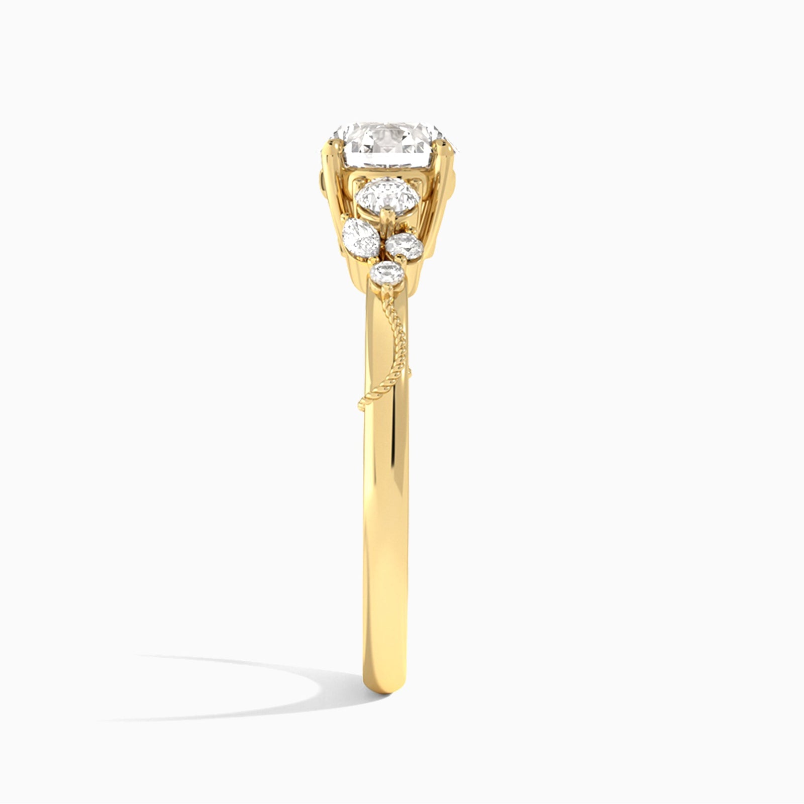 Round Carnation Three Stone Lab Diamond Engagement Ring In 18K Yellow Gold, Side View