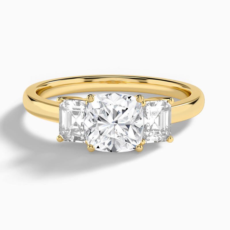Cushion Luxe Hera Three Stone Lab Diamond Engagement Ring In 14K Yellow Gold - Lucenjuri