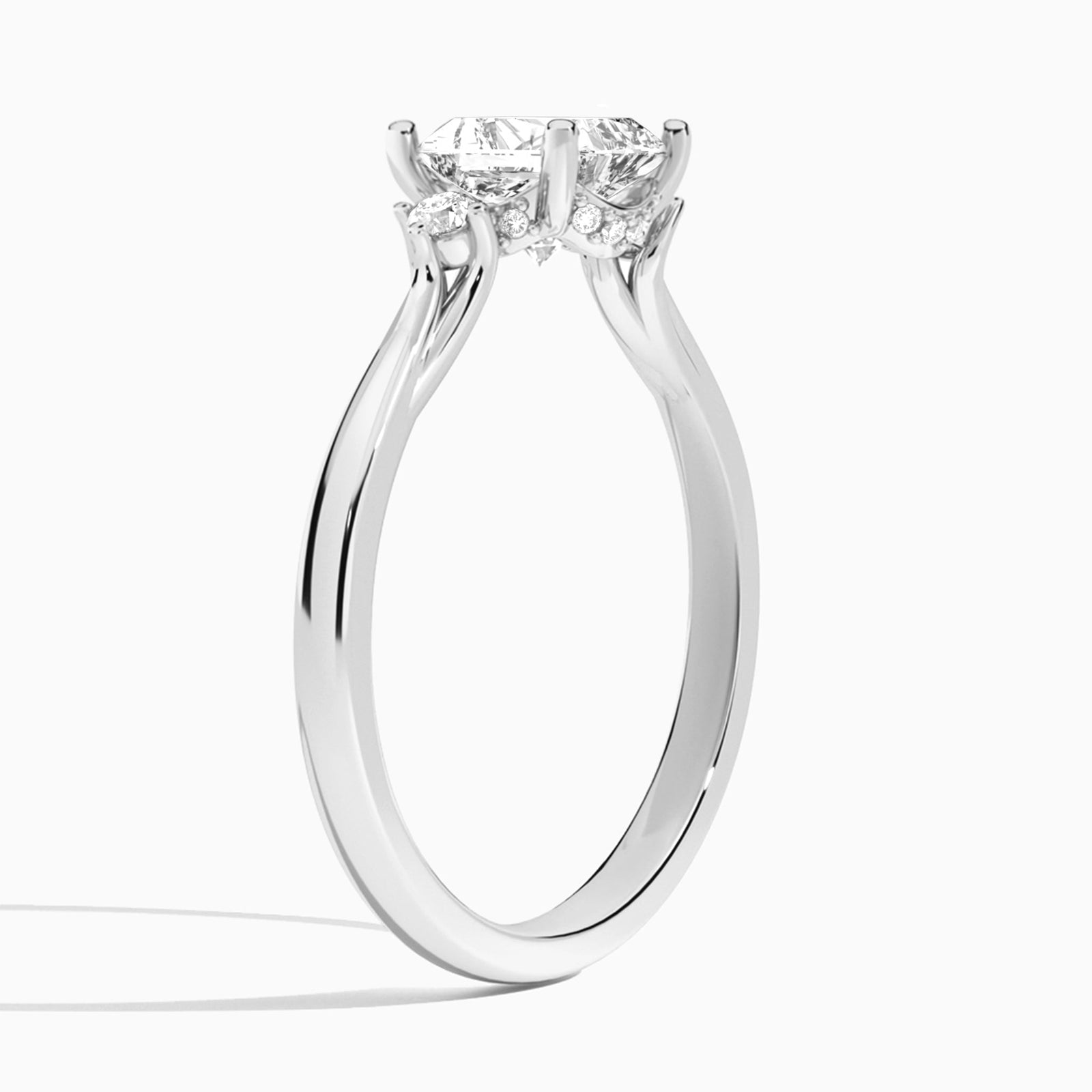 Radiant Floating Three Stone Lab Diamond Engagement Ring In 14K White Gold, Angle View