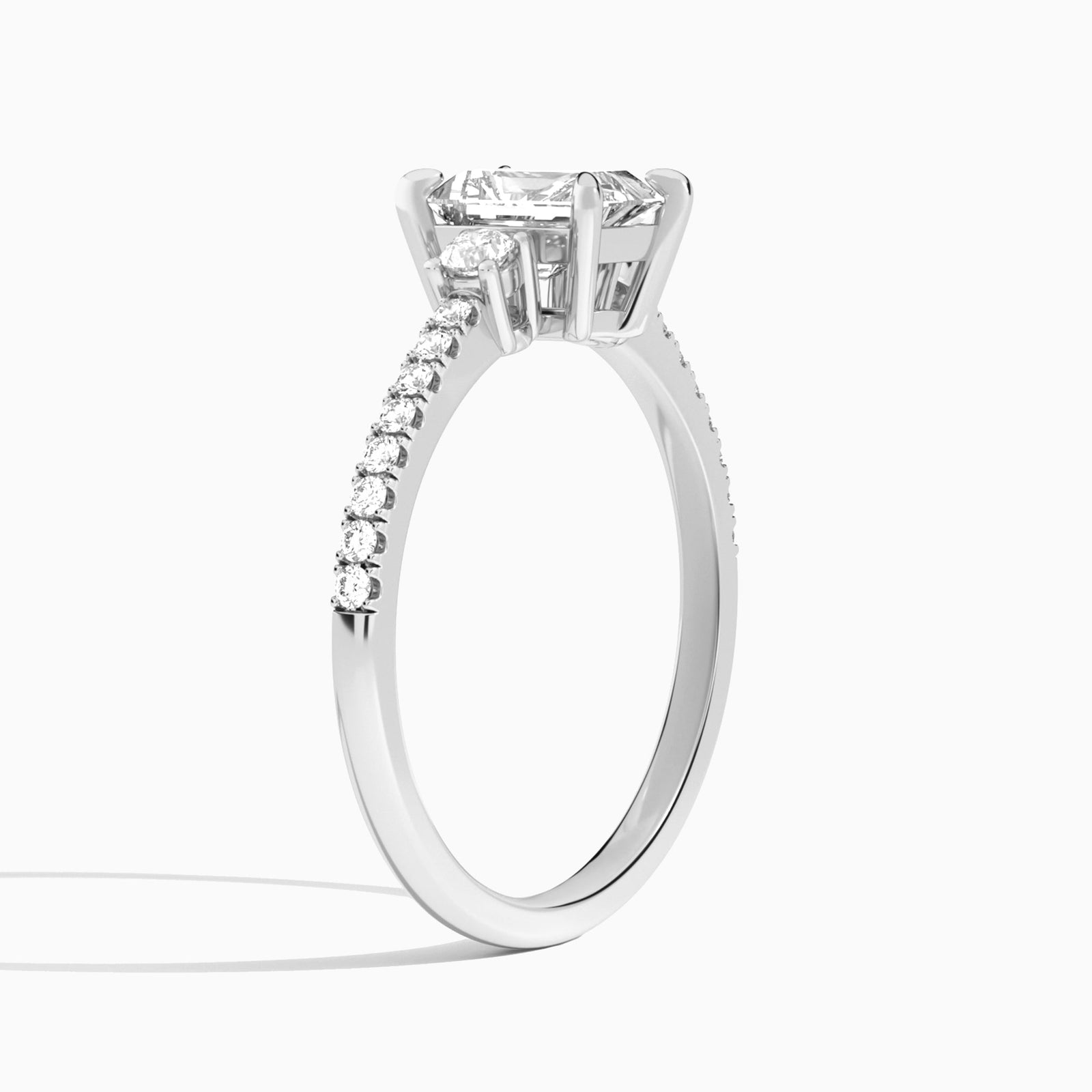 Radiant Muse Three Stone Lab Diamond Engagement Ring In 14K White Gold, Angle View