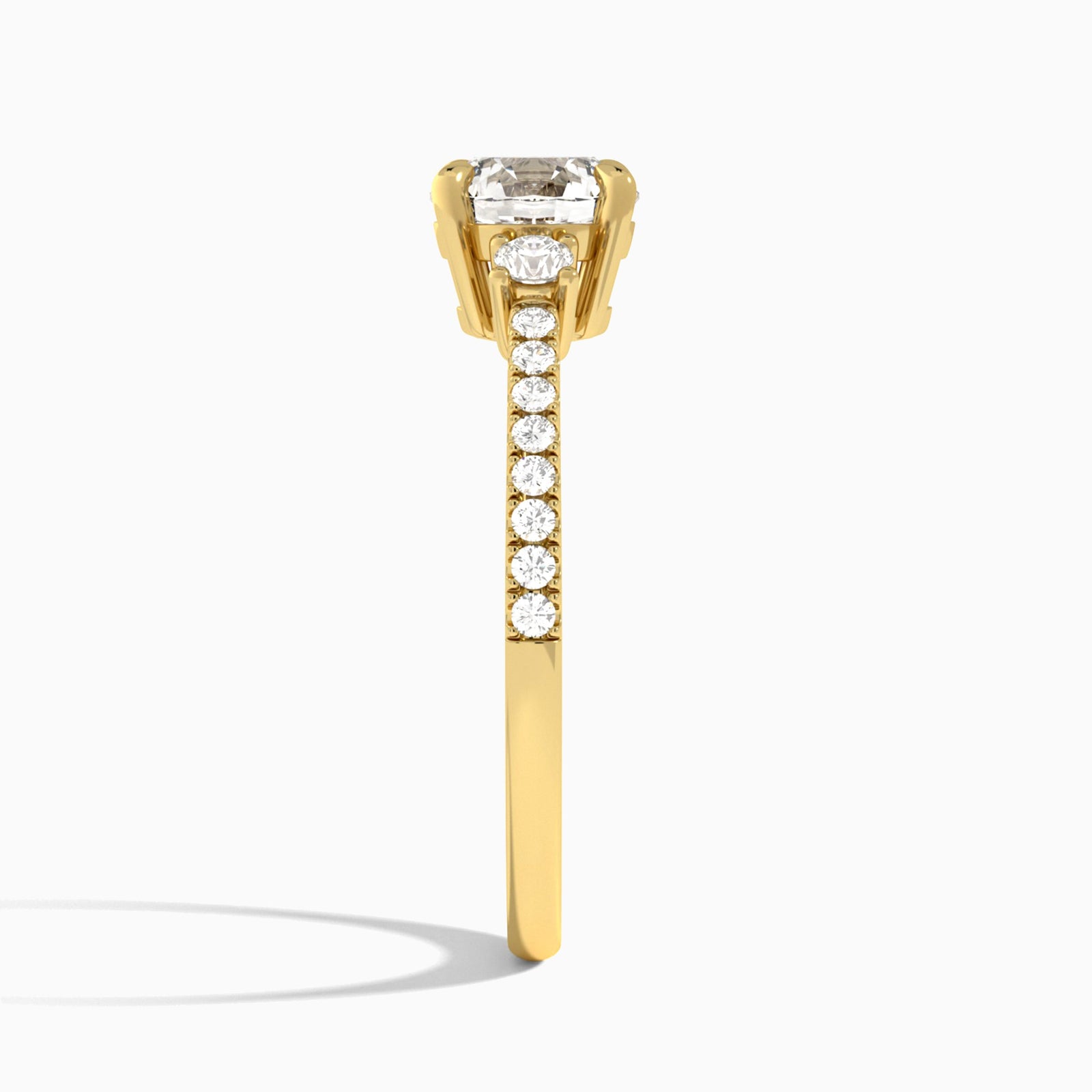 Round Muse Three Stone Lab Diamond Engagement Ring In 14K Yellow Gold, Side View