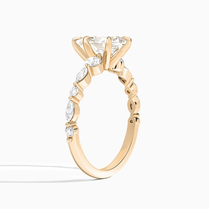 Pear Chateau Three Stone Lab Diamond Engagement Ring In 14K Rose Gold, Angle View