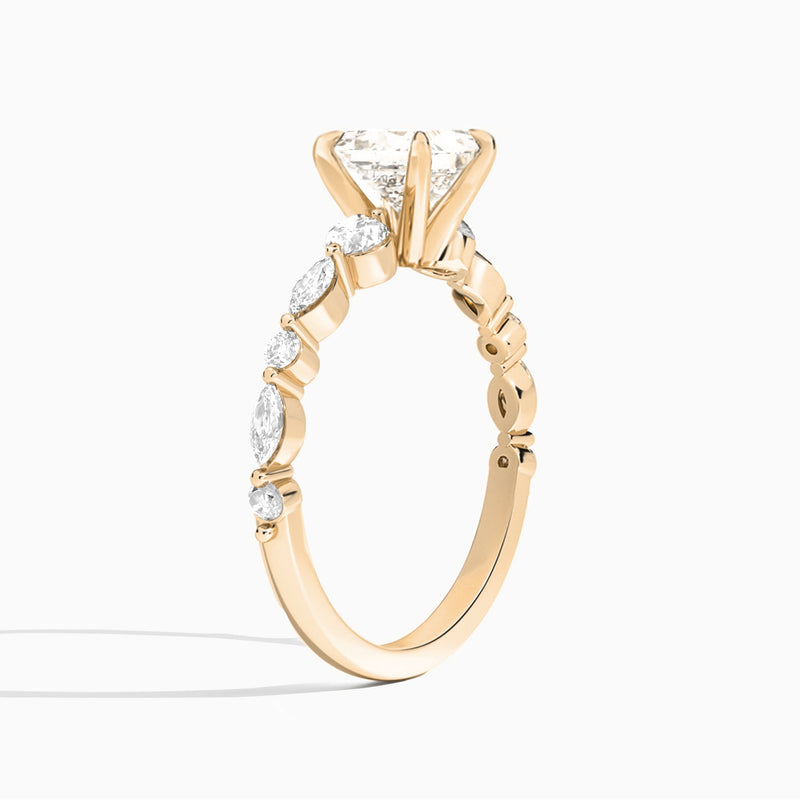Princess Chateau Three Stone Lab Diamond Engagement Ring In 14K Rose Gold, Angle View