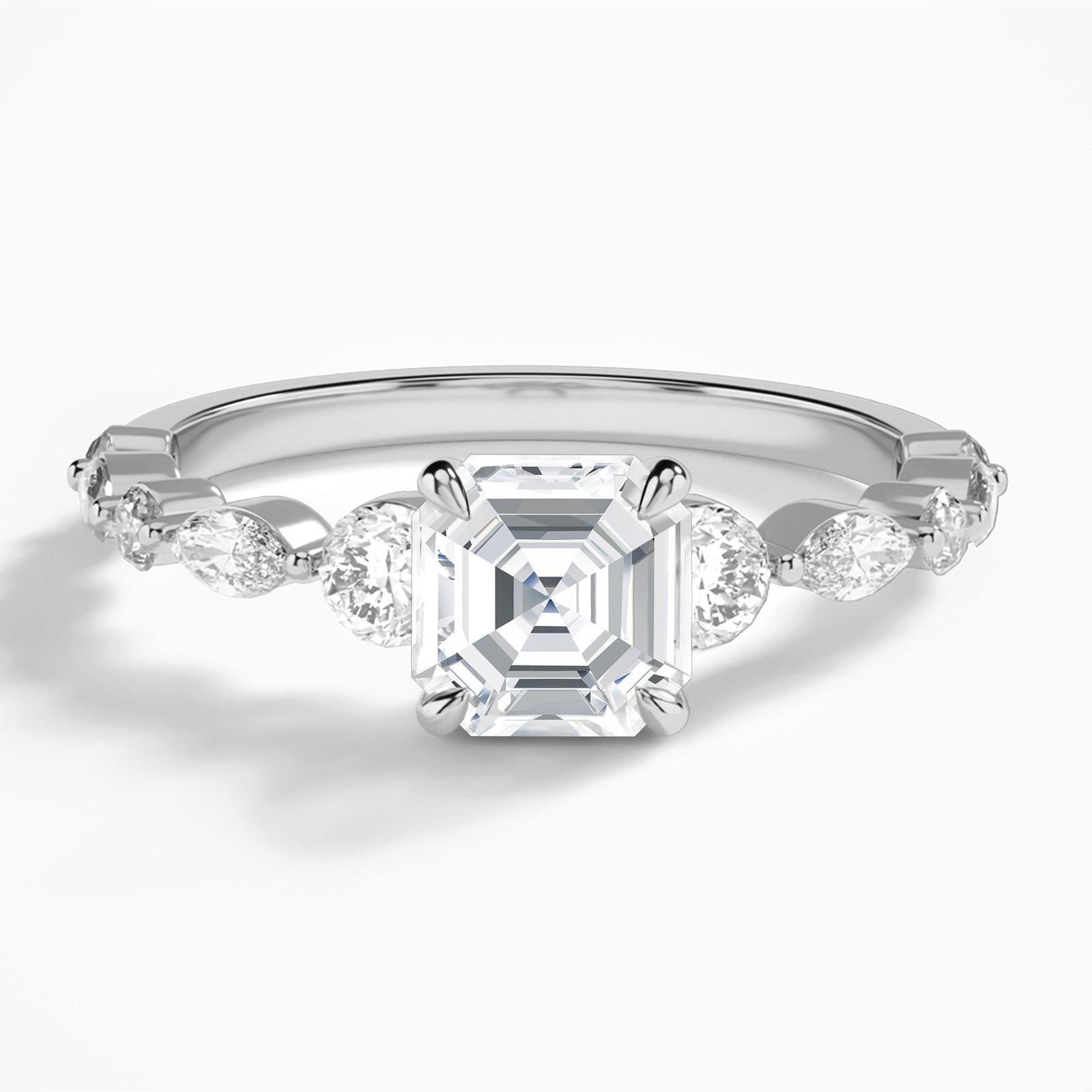 Asscher Chateau Three Stone Lab Diamond Engagement Ring In 18K White Gold - Lucenjuri