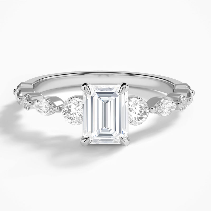 Emerald Chateau Three Stone Lab Diamond Engagement Ring In 18K White Gold - Lucenjuri