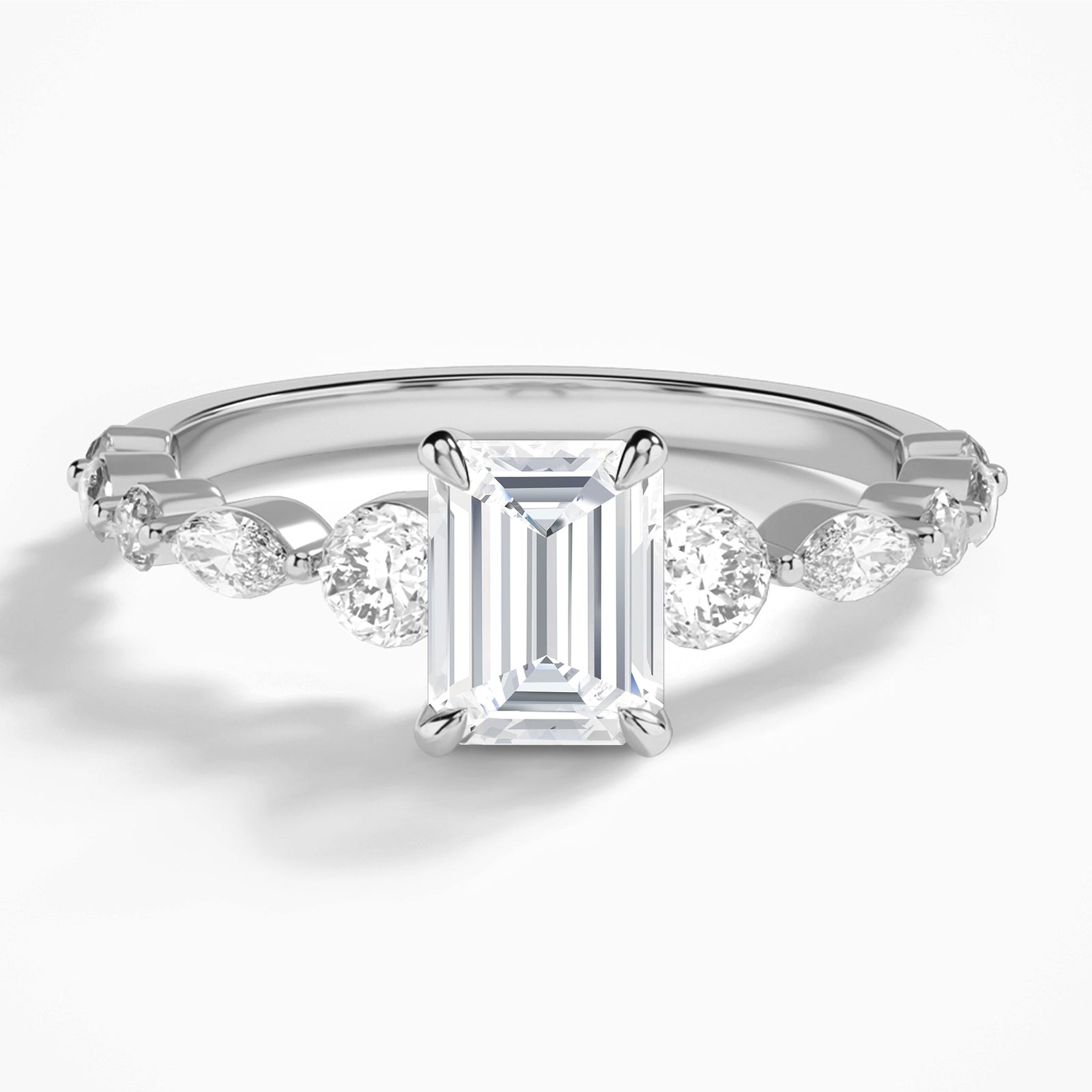 Emerald Chateau Three Stone Lab Diamond Engagement Ring In 14K White Gold - Lucenjuri