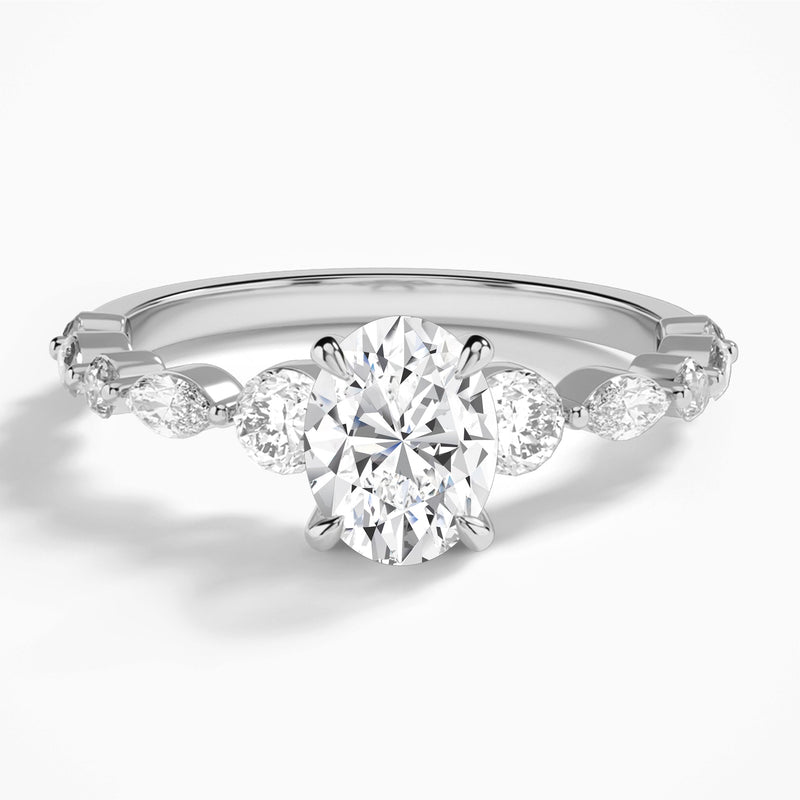 Oval Chateau Three Stone Lab Diamond Engagement Ring In 18K White Gold - Lucenjuri