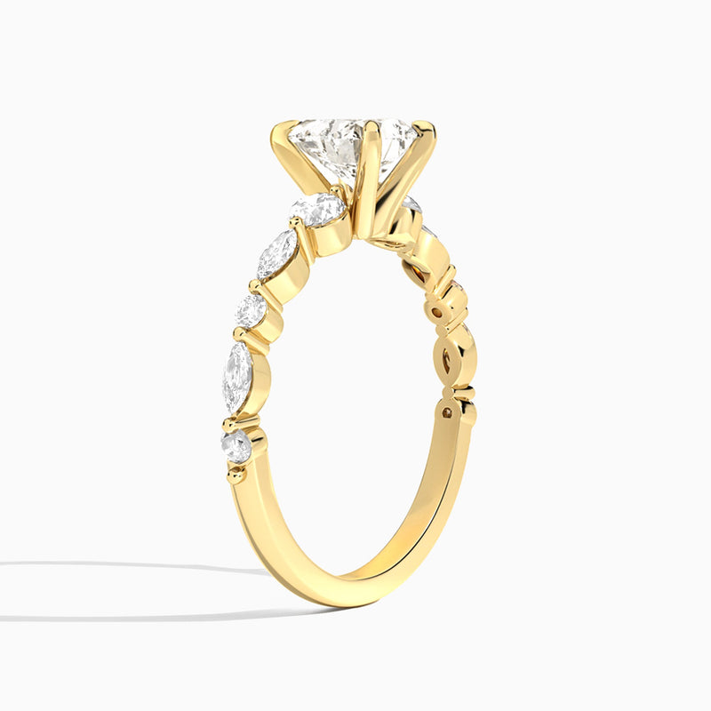 Heart Chateau Three Stone Lab Diamond Engagement Ring In 14K Yellow Gold, Angle View