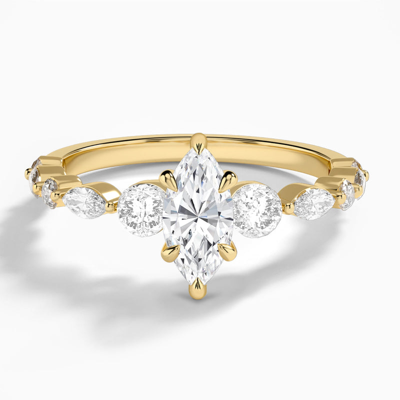 Marquise Chateau Three Stone Lab Diamond Engagement Ring In 18K Yellow Gold - Lucenjuri