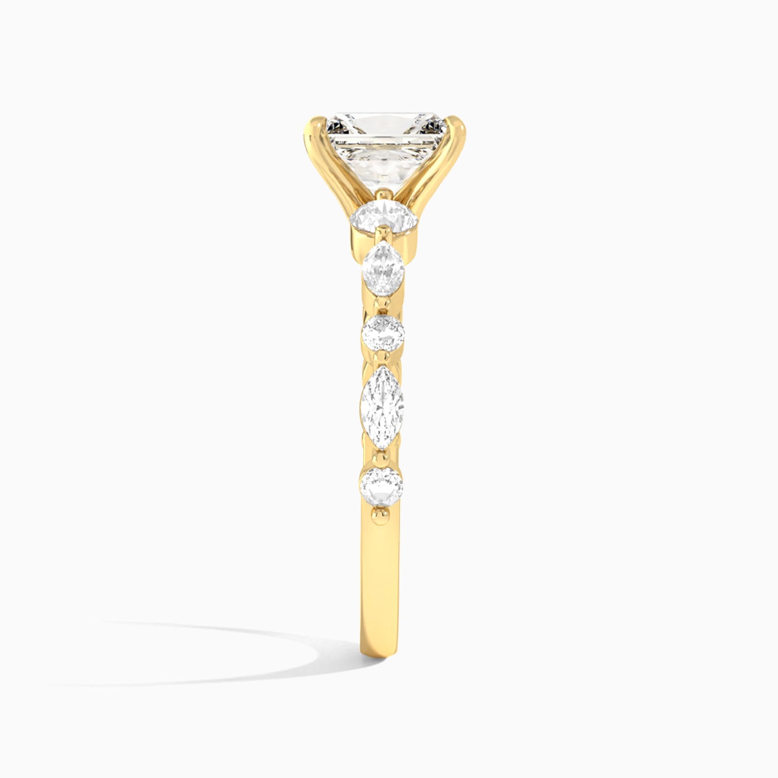Radiant Chateau Three Stone Lab Diamond Engagement Ring In 18K Yellow Gold, Side View