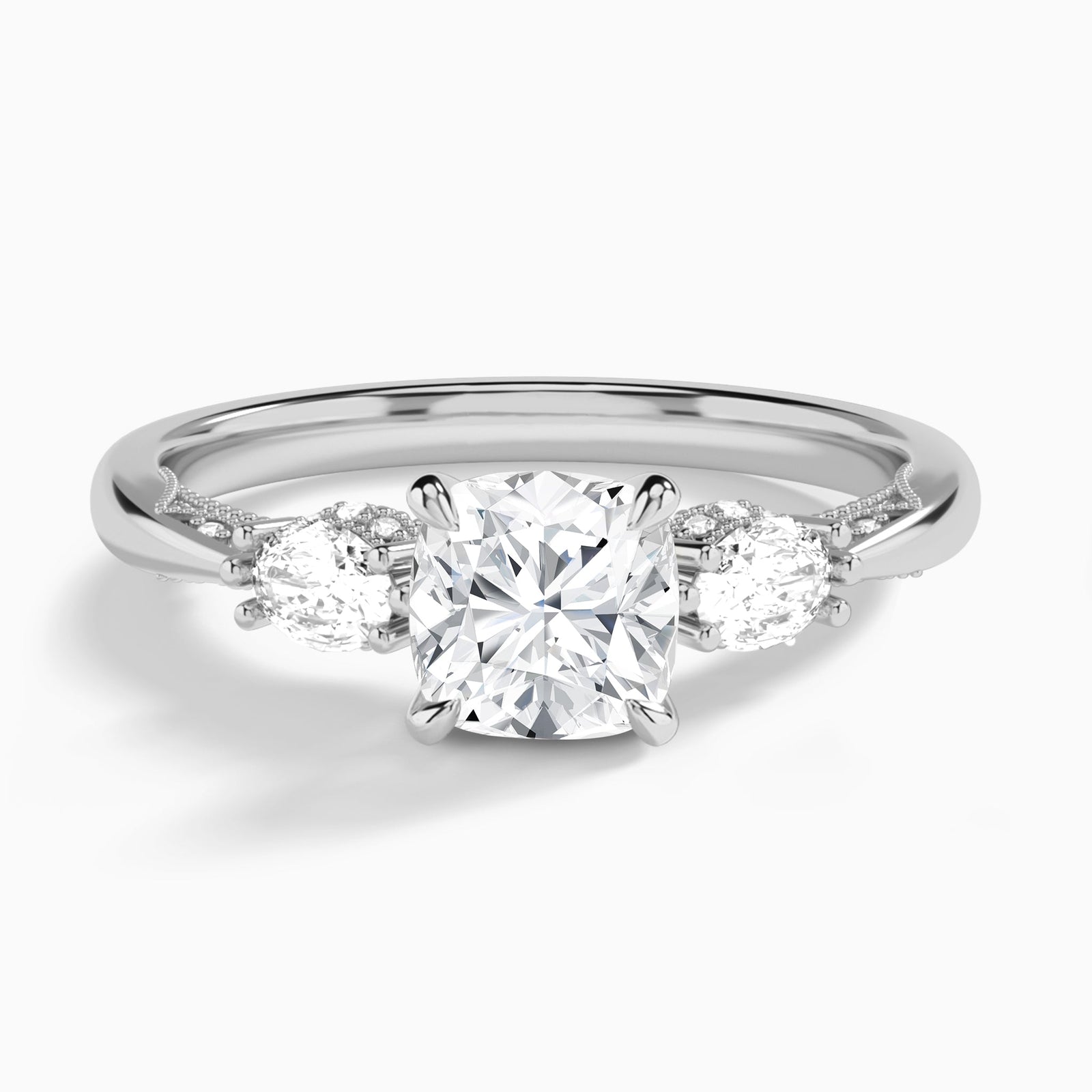 Cushion Three Stone Marquise Lab Diamond Engagement Ring In 14K White Gold - Lucenjuri