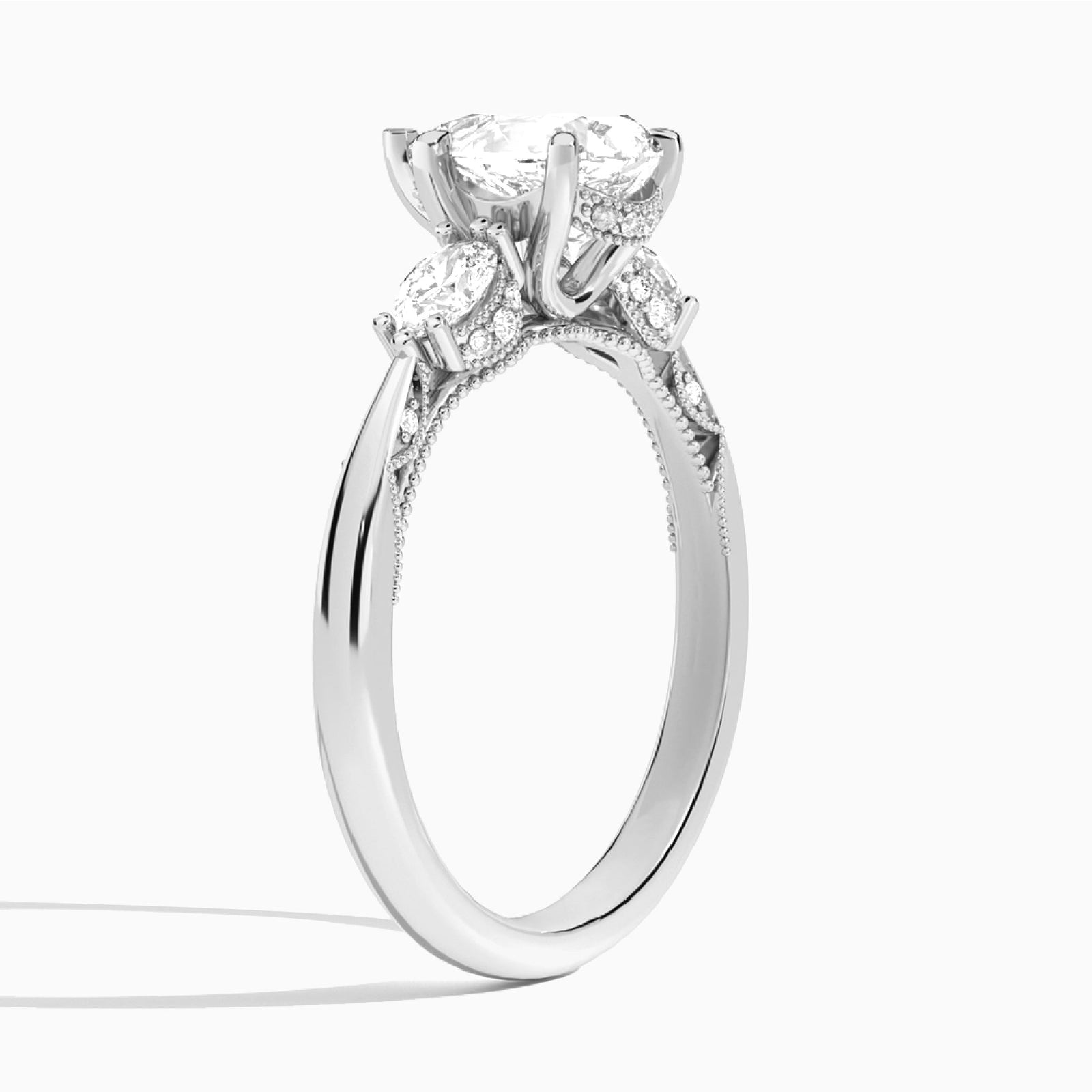 Pear Three Stone Marquise Lab Diamond Engagement Ring In 14K White Gold, Angle View