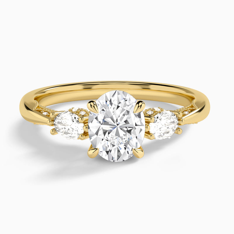 Oval Three Stone Marquise Lab Diamond Engagement Ring In 14K Yellow Gold - Lucenjuri