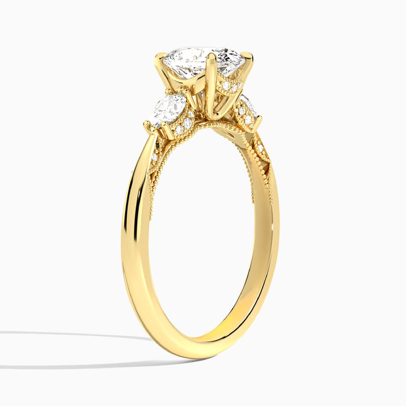 Oval Three Stone Marquise Lab Diamond Engagement Ring In 14K Yellow Gold, Angle View