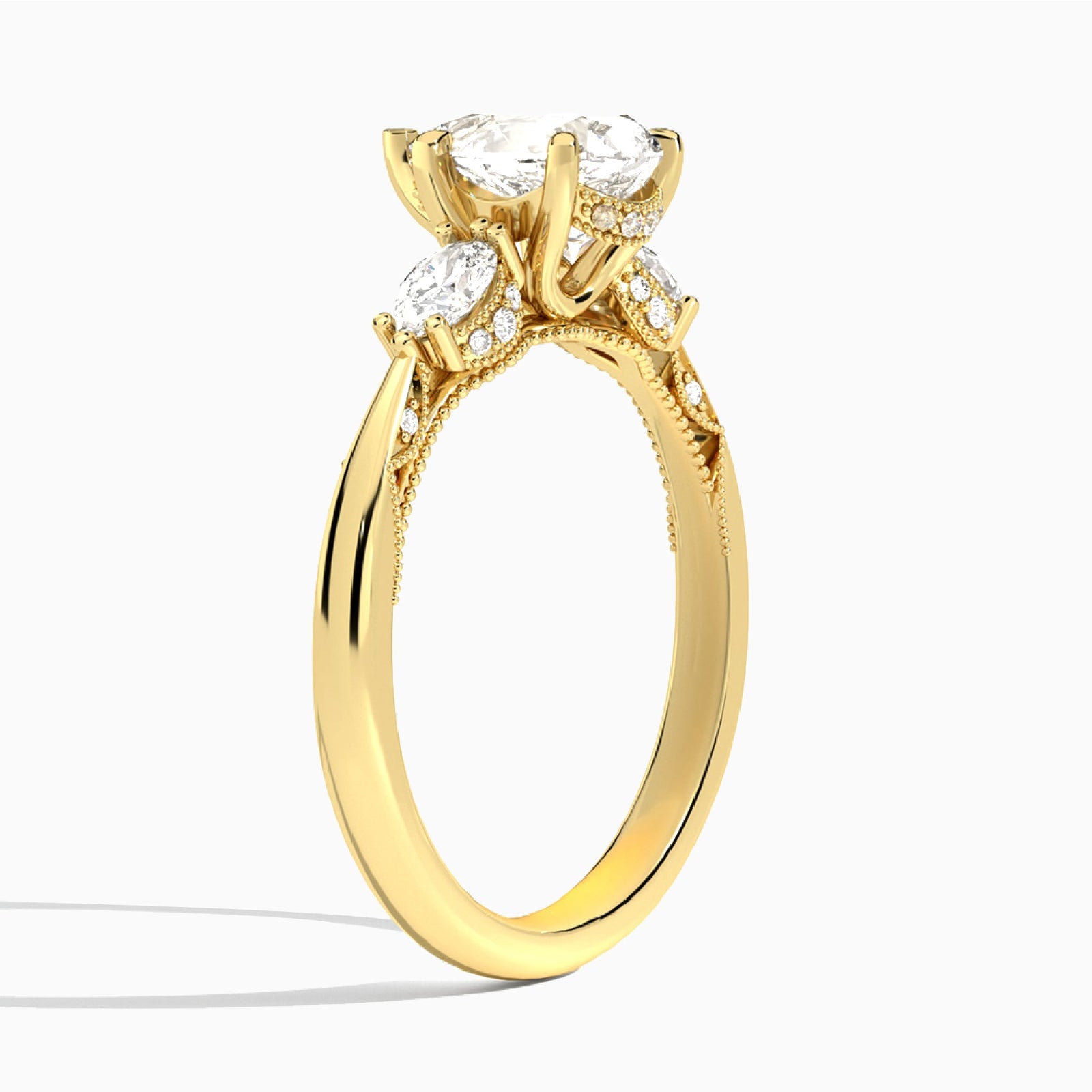 Pear Three Stone Marquise Lab Diamond Engagement Ring In 14K Yellow Gold, Angle View