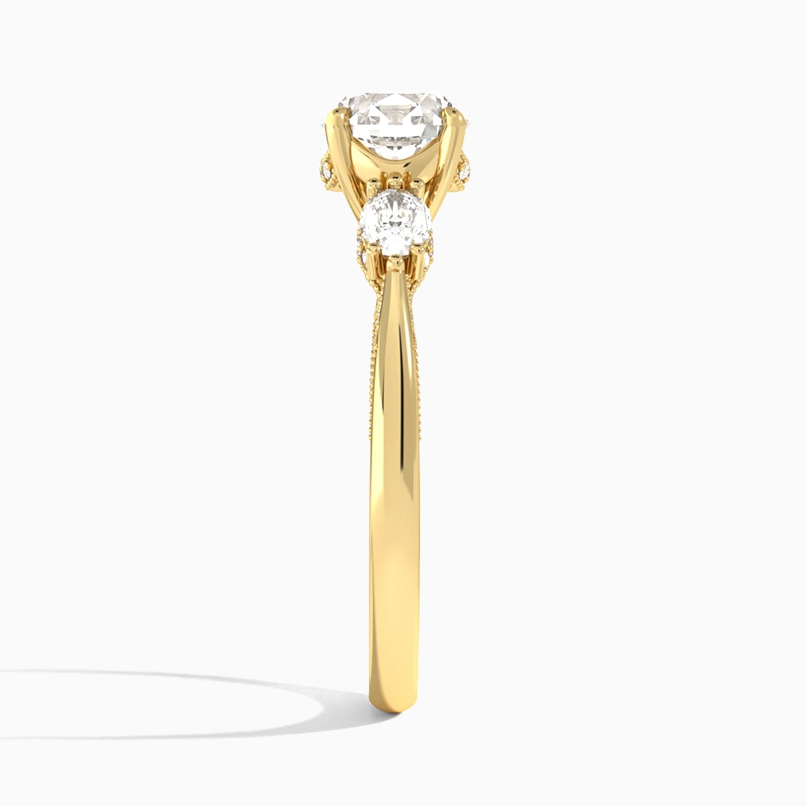 Round Three Stone Marquise Lab Diamond Engagement Ring In 18K Yellow Gold, Side View