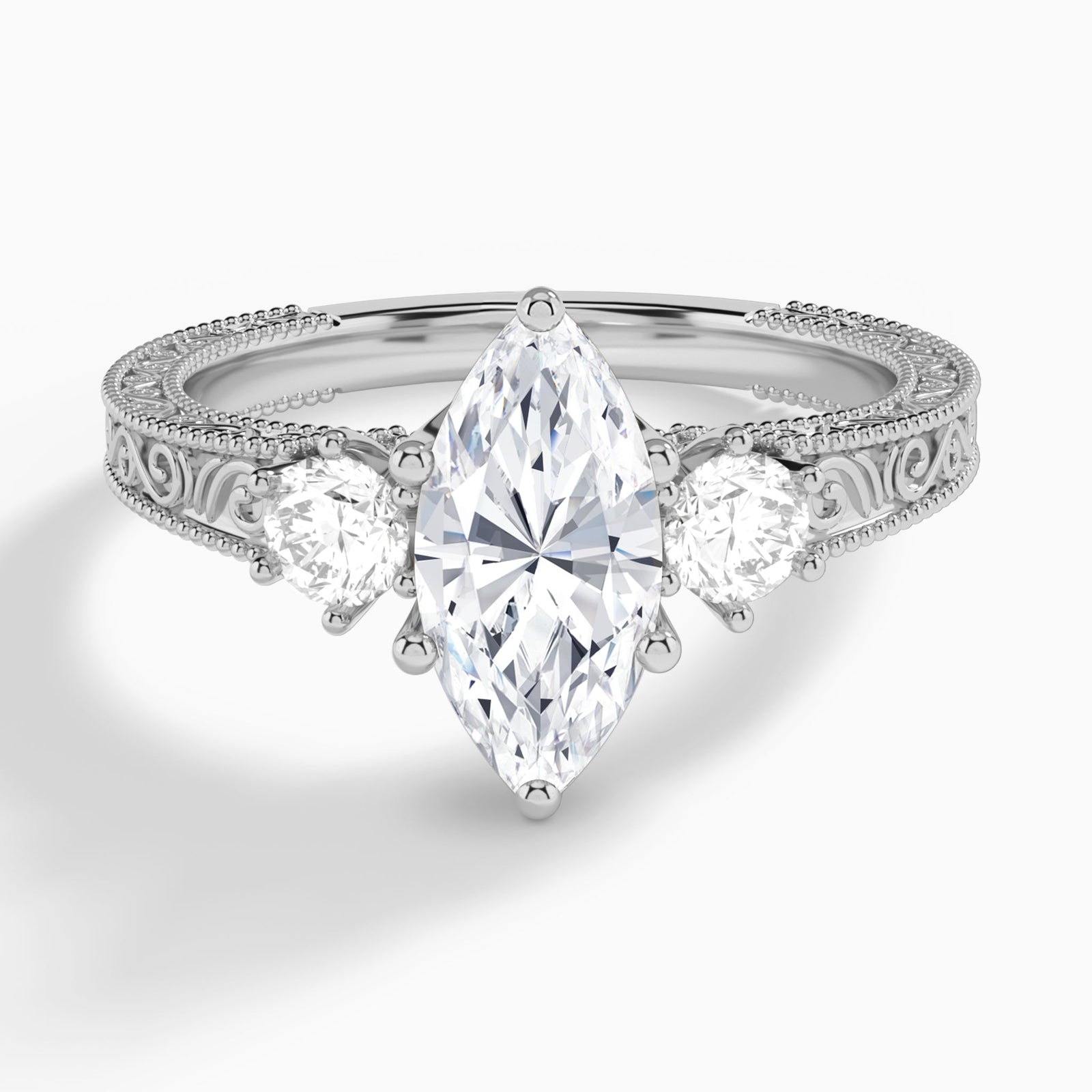 Marquise Three Stone Engraved Lab Diamond Engagement Ring In Platinum - Lucenjuri